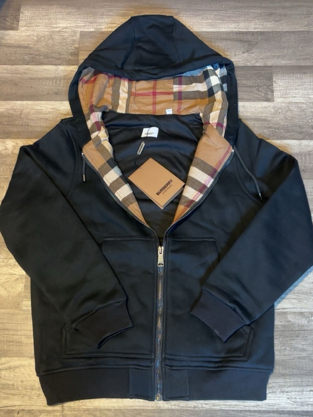 Burberry Black Hooded Jacket with Signature Check Hood Lining